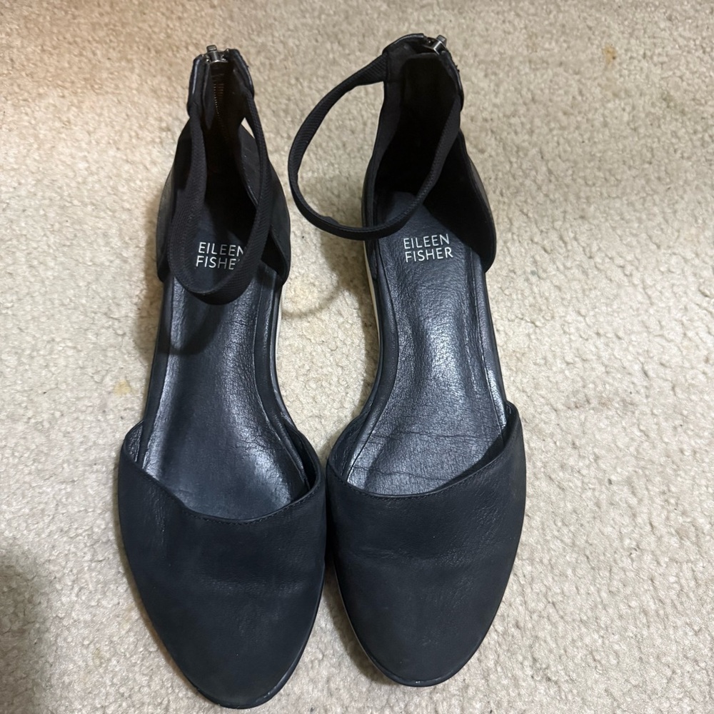Eileen Fisher Emmet Ankle Strap Ballerina Flats Nubuck d'Orsay Sandals Black 6 - Picture 2 of 5